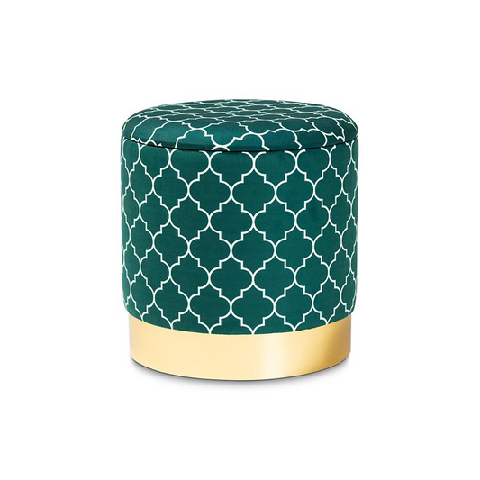 Baxton Studio Serra Glam and Luxe Teal Green Quatrefoil Velvet Fabric Upholstered Gold Finished Metal Storage Ottoman