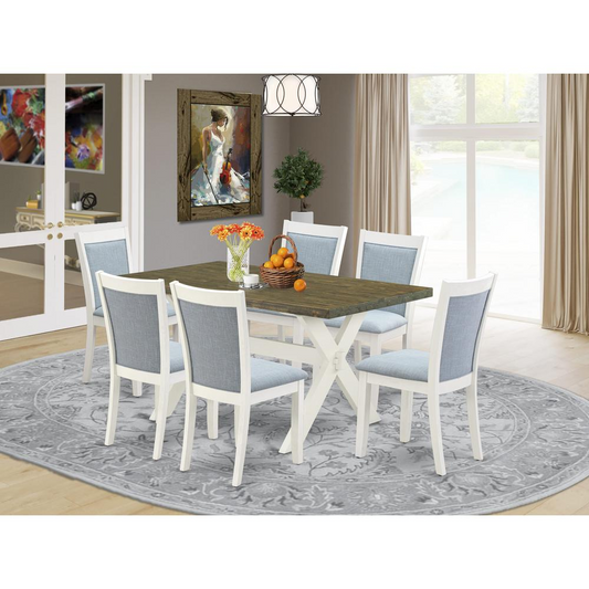 X076MZ015-7 7-Piece Kitchen Table Set Consists of a Dinner Table and 6 Baby Blue Parsons Chairs - Wire Brushed Linen White Finish