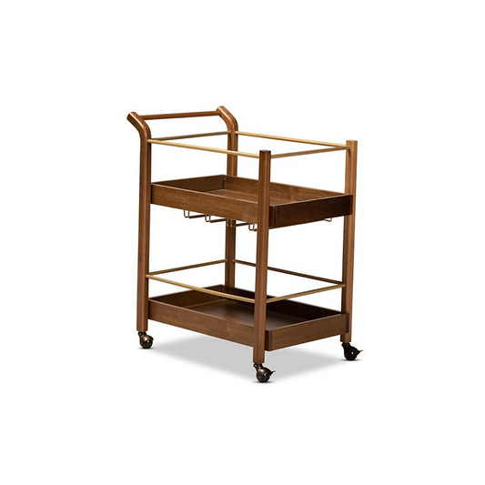 Baxton Studio Tahir Modern and Contemporary Walnut Brown Finished Wood and Antique Gold Finished Metal 2-Tier Mobile Bar Cart