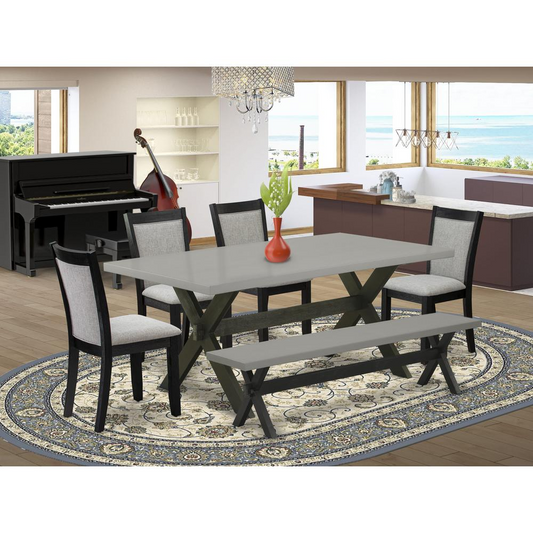 East West Furniture 6 Pc Dining Room Set - Cement Top Dining Table with a Wood Bench and 4 Shitake Linen Fabric Upholstered Kitchen Chairs - Wire Brushed Black Finish