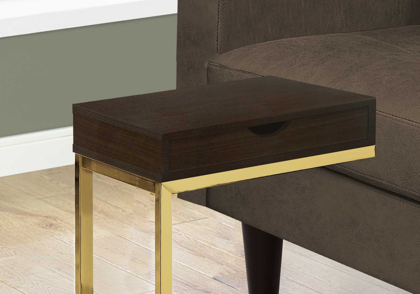 10.25" X 15.75" X 24.5" Cappuccino Finish And Gold Laminated Drawer Accent Table