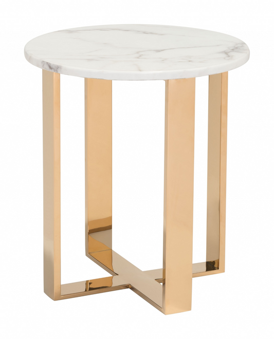 Designer's Choice White Faux Marble and Gold End Table