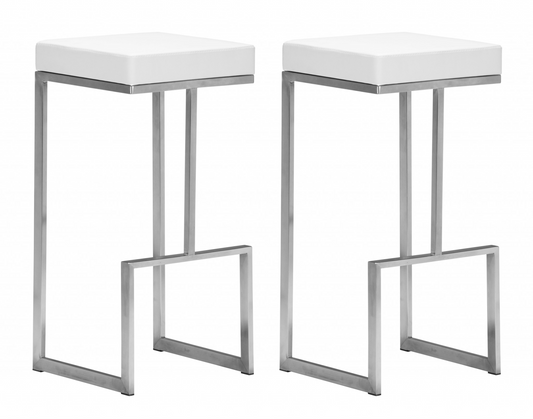 Set of Two White Faux Leather and Stainless Geometric Backless Barstools