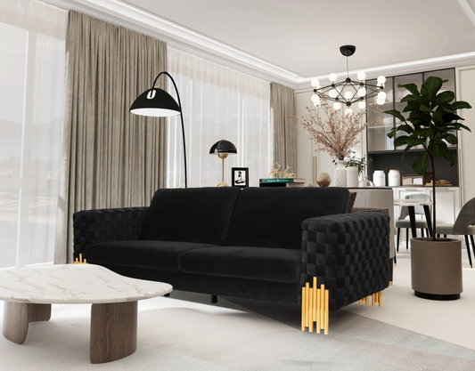 Stylish Black Velvet And Gold Accent Sofa