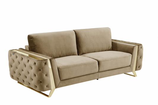 90" Beige Velvet And Gold Stainless Steel Standard Sofa