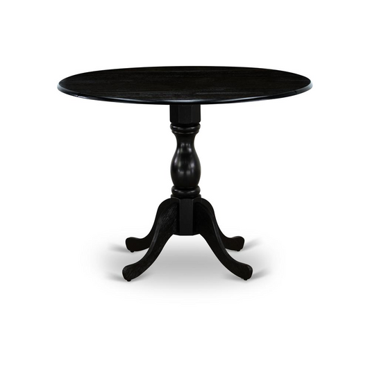 East West Furniture DMT-ABK-TP Round wood table Wire Brushed Black Color Table Top Surface and Asian Wood Drops Leave Kitchen table with Pedestal Legs - Wire Brushed Black Finish