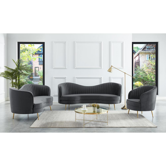 Wallace 3-piece Modern Velvet Living Room Set in Gray